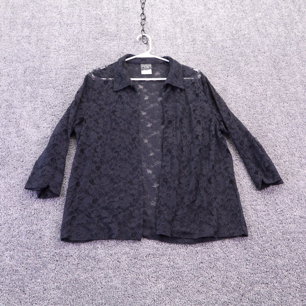 Southern Lady Cardigan Womens Large Black Floral Lace Open Front Collared